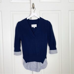 Brochu Walker Lucie Navy Layered V-neck Sweater Cotton Cashmere Sz XS